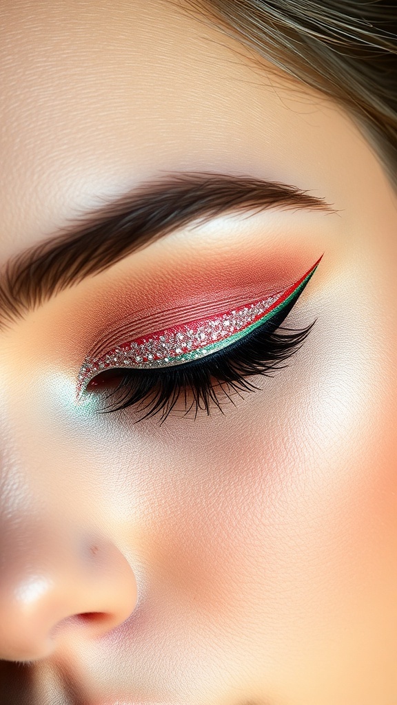 Close-up of Christmas eyeliner with winged style and glitter, featuring red and green accents.